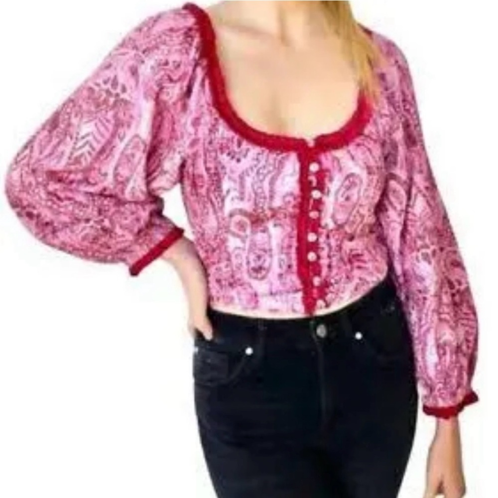 Free People Dare Me Velvet Cropped Blouse with Ruffled Neckline